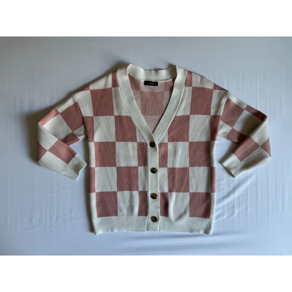 DokotooPink & Cream Checkerboard Cardigan Sweater | Size Medium